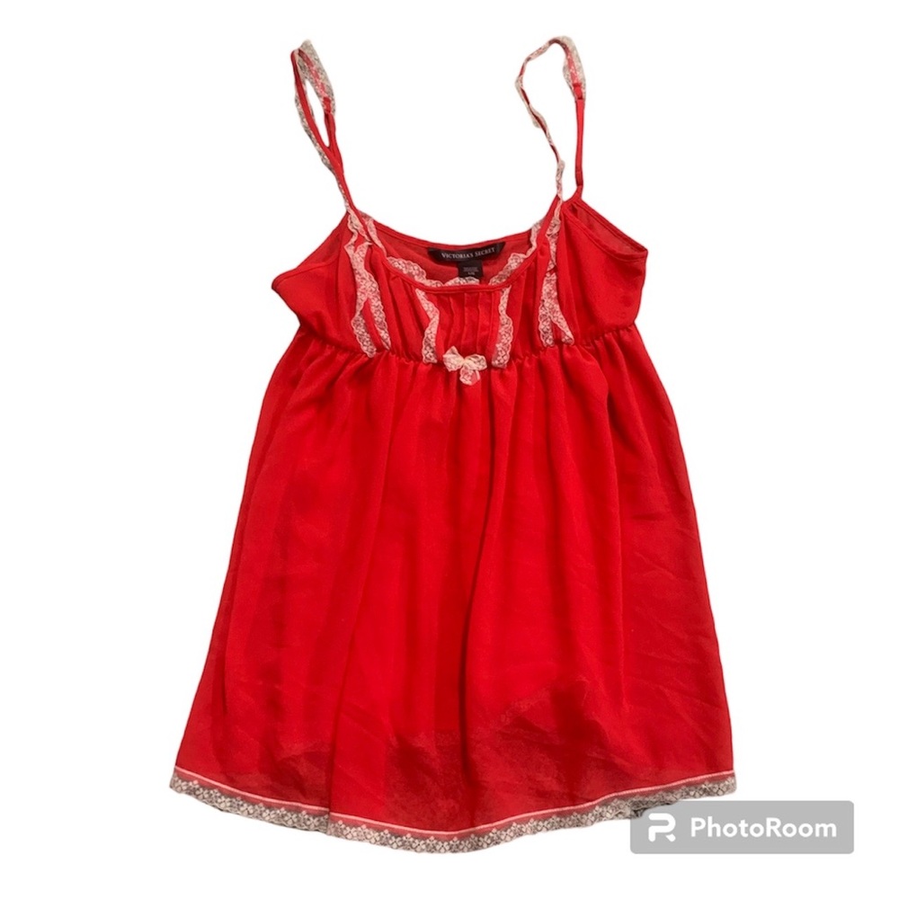 Victoria’s Secret Iconic Red Sheer Babydoll Cami Top with Floral Lace, Size L
